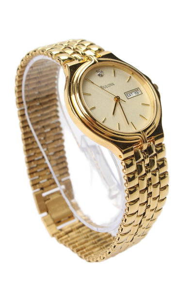 Bulova Mens Gold Tone Diamond Accent Classic Daydate Quartz Watch 34mm