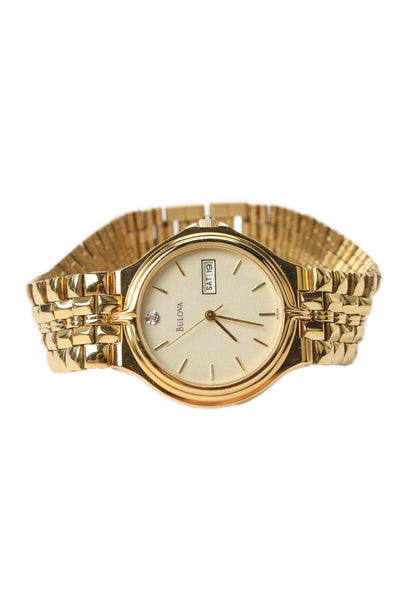 Bulova Mens Gold Tone Diamond Accent Classic Daydate Quartz Watch 34mm