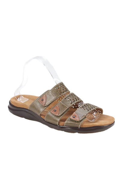 Clarks Womens Leather Laser Cut Slide On Sandals Brown Size 10 Medium