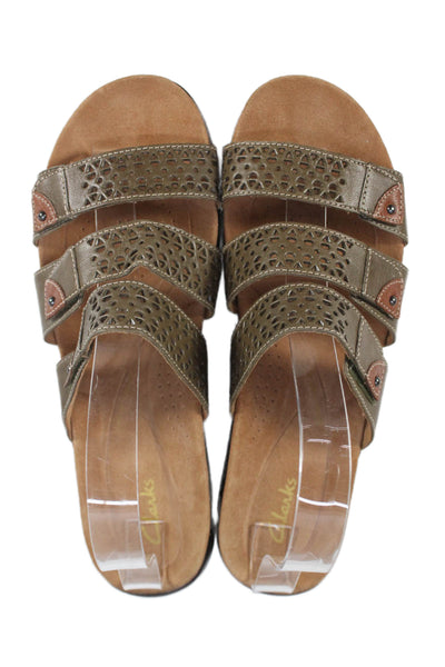 Clarks Womens Leather Laser Cut Slide On Sandals Brown Size 10 Medium