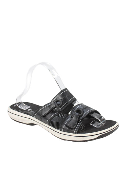 Clarks Womens Leather Slide On Cloudsteppers Sandals Black Size 10 Medium