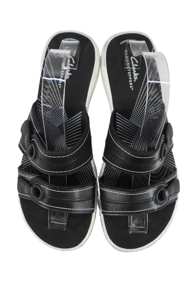Clarks Womens Leather Slide On Cloudsteppers Sandals Black Size 10 Medium
