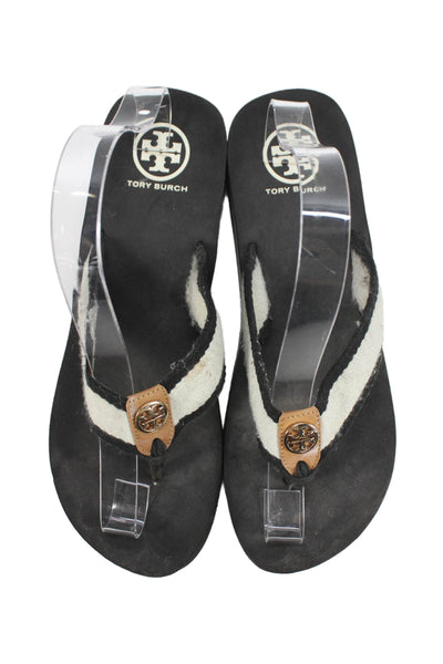 Tory Burch Womens Thong Slide On Wedge Sandals White Black Size 10
