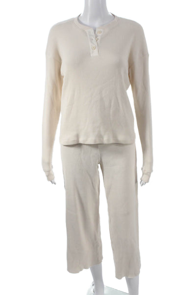 Leallo Women Beige Cotton Capri Lounge Set Henley Button Long Sleeve Size XS