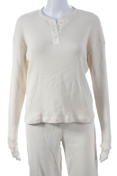 Leallo Women Beige Cotton Capri Lounge Set Henley Button Long Sleeve Size XS