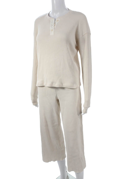 Leallo Women Beige Cotton Capri Lounge Set Henley Button Long Sleeve Size XS