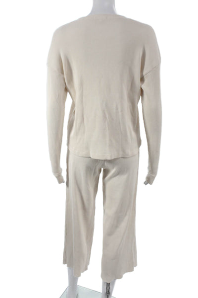 Leallo Women Beige Cotton Capri Lounge Set Henley Button Long Sleeve Size XS