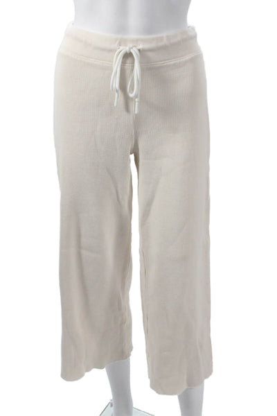 Leallo Women Beige Cotton Capri Lounge Set Henley Button Long Sleeve Size XS