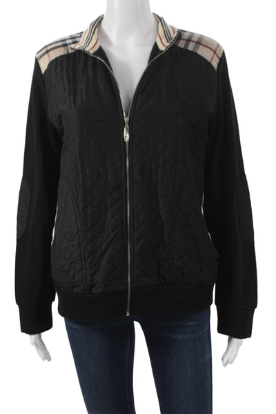 Burberry London Womens Black Cotton Zip Bomber Jacket Designer Size 2XL