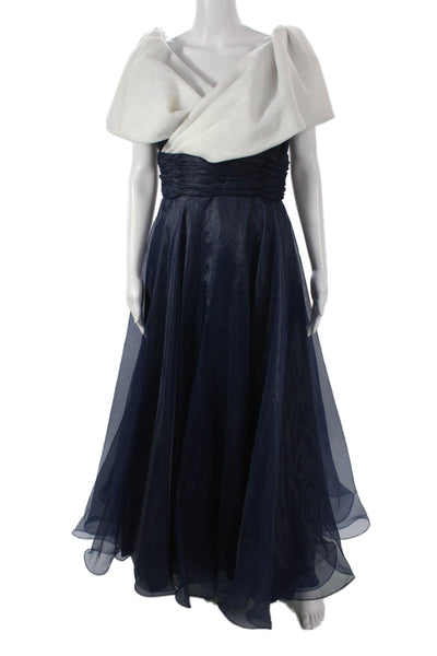 Rose Taft Navy White Short Sleeve Tulle Evening Gown Sz 6