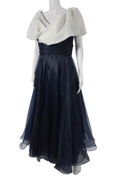 Rose Taft Navy White Short Sleeve Tulle Evening Gown Sz 6