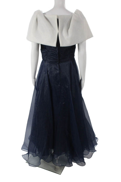 Rose Taft Navy White Short Sleeve Tulle Evening Gown Sz 6