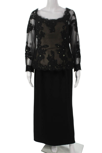 Rose Taft Couture Womens Black Lace Maxi Dress Scoop Neck Long Sleeve Size 8