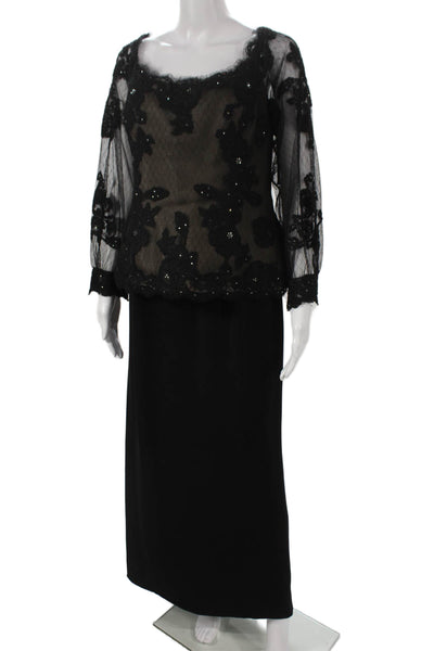 Rose Taft Couture Womens Black Lace Maxi Dress Scoop Neck Long Sleeve Size 8
