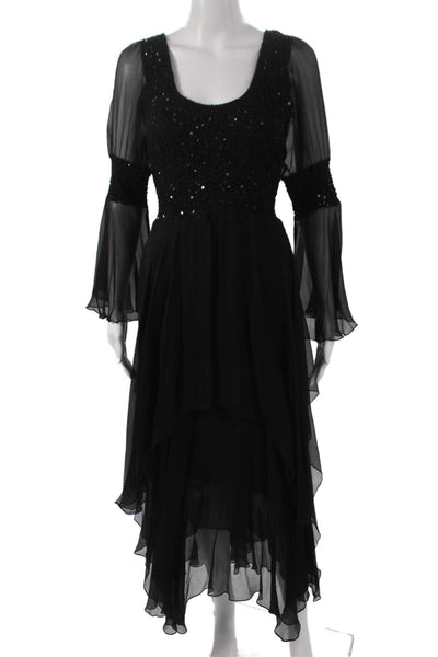 Sara Mique Womens Black Long Sleeve Sequin Mid Length Dress Sz XL