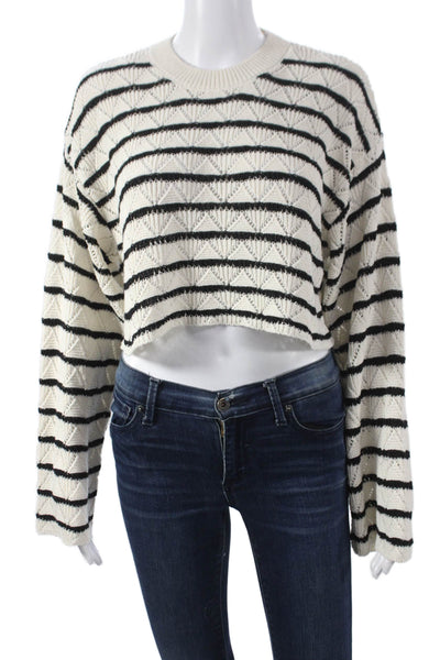 Zara Womens Striped Viscose Crewneck Pullover Sweater White Long Sleeve Size S
