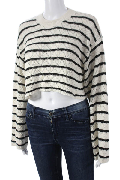 Zara Womens Striped Viscose Crewneck Pullover Sweater White Long Sleeve Size S