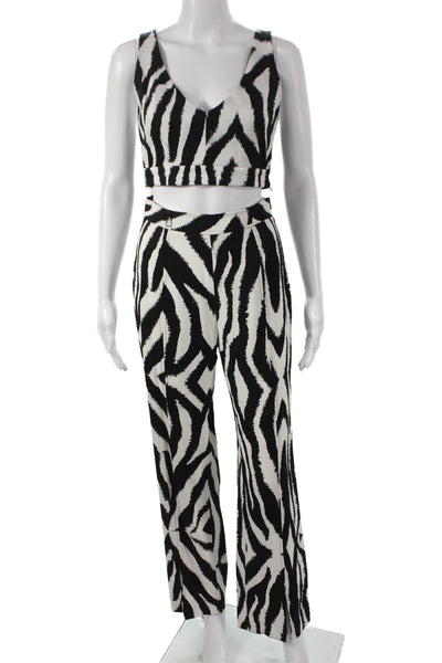Toccin Women Sleeveless V-Neck Black Animal Print Lounge Set Zip Pants Size 2