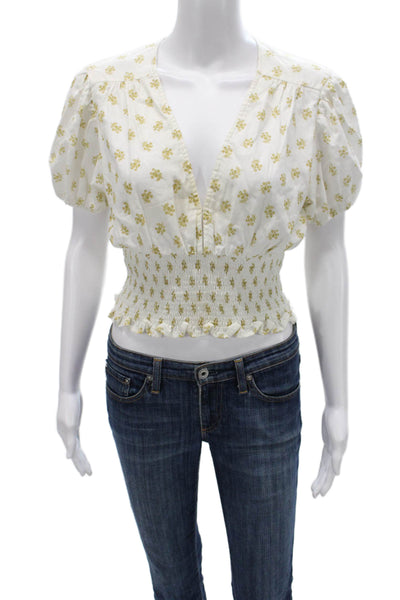 Faithfull The Brand Women Cropped Floral V-Neck Short Sleeve Blouse Size S