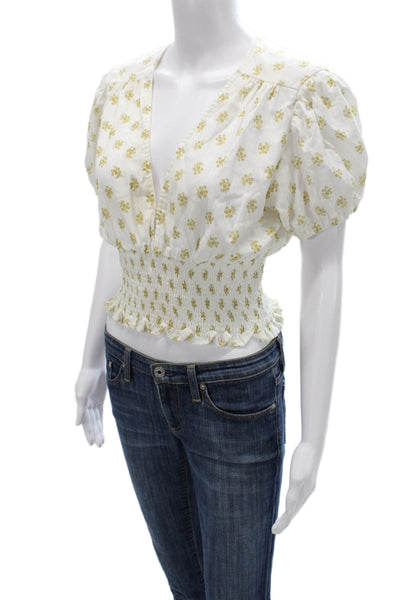 Faithfull The Brand Women Cropped Floral V-Neck Short Sleeve Blouse Size S