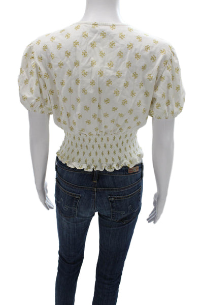 Faithfull The Brand Women Cropped Floral V-Neck Short Sleeve Blouse Size S