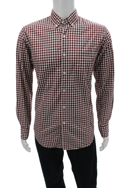 J Crew Men's Button Down Gingham Red Cotton Collared Long Sleeve Shirt Size M