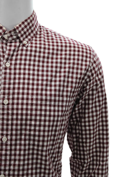 J Crew Men's Button Down Gingham Red Cotton Collared Long Sleeve Shirt Size M