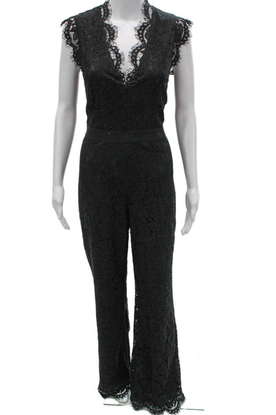 Rachel Zoe Women Black Floral V-Neck Cotton Short Sleeve Jumpsuit Zip Size 8