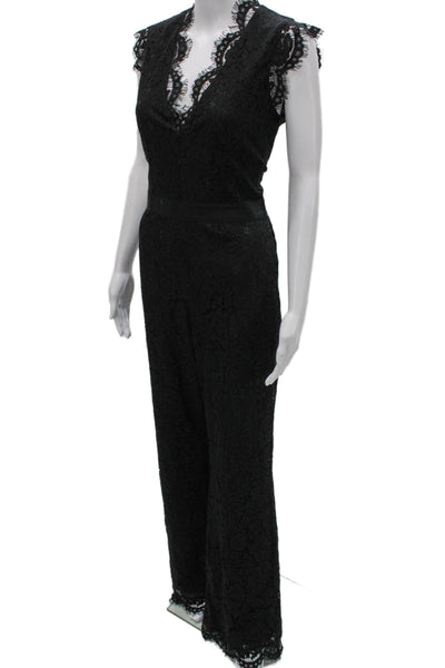 Rachel Zoe Women Black Floral V-Neck Cotton Short Sleeve Jumpsuit Zip Size 8
