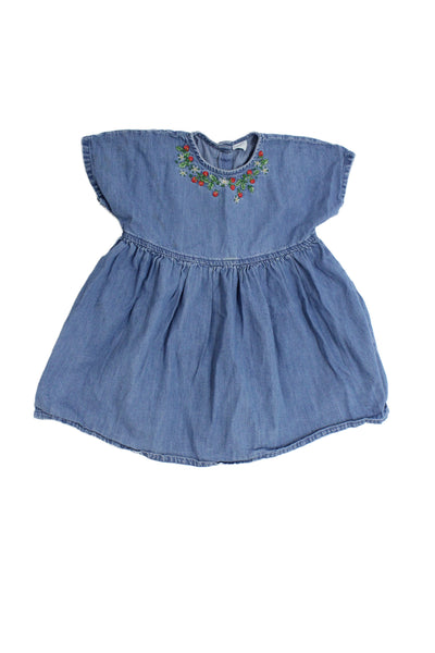 Next Girls Cotton Embroidered Floral Denim Dress Blue Size 2-3y