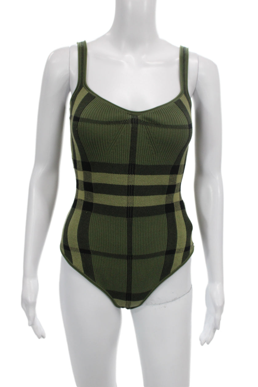 Burberry Women One Piece Green Plaid Cotton V Neck Sleeveless Size S