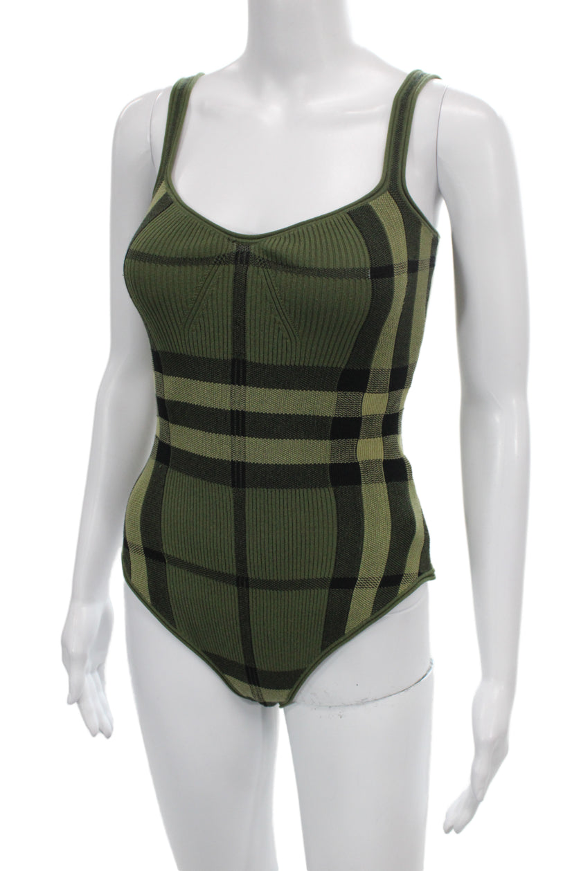 Burberry Women One Piece Green Plaid Cotton V Neck Sleeveless Size S