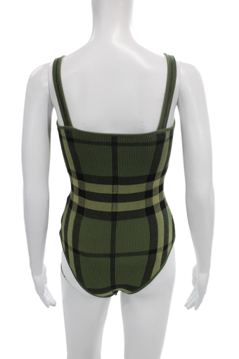 Burberry Women One Piece Green Plaid Cotton V Neck Sleeveless Size S