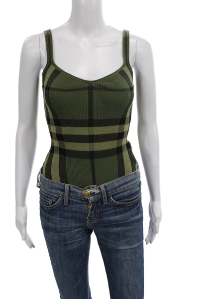 Burberry Women One Piece Green Plaid Cotton V Neck Sleeveless Size S