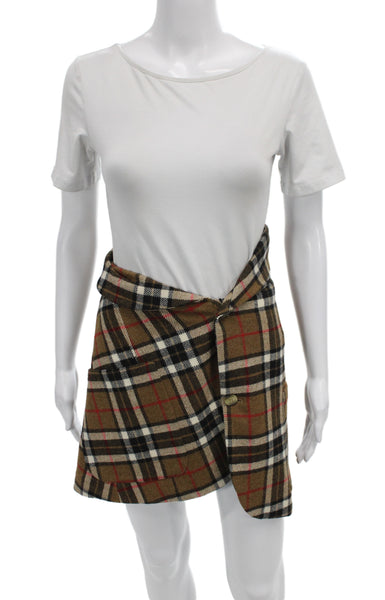 Jacquemus Womens Wrap Plaid Wool Mini Skirt Brown Button Size 36