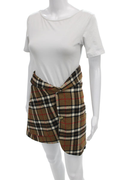 Jacquemus Womens Wrap Plaid Wool Mini Skirt Brown Button Size 36