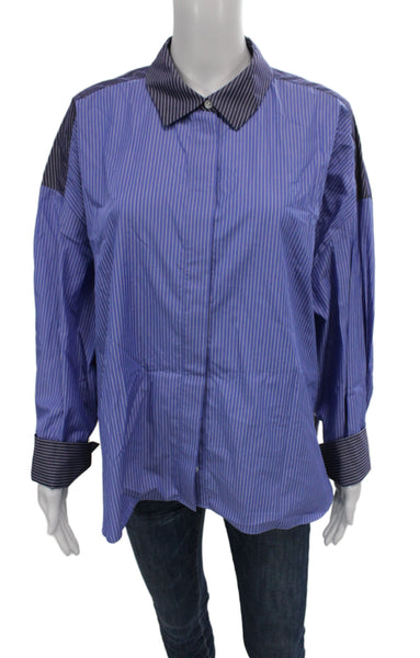 Partow Women Collared Striped Cotton Button-Up Blouse Long Sleeve Blue Size 10