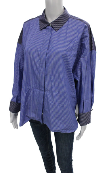 Partow Women Collared Striped Cotton Button-Up Blouse Long Sleeve Blue Size 10