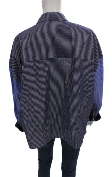 Partow Women Collared Striped Cotton Button-Up Blouse Long Sleeve Blue Size 10