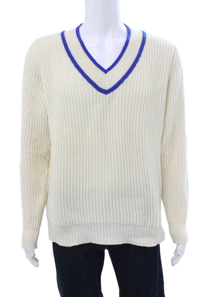Le Mont S michel Unisex Pullover V-Neck Merino Wool Ivory Long Sleeve Size L