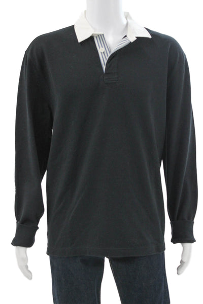 J Crew Mens Rugby Shirt Black Collared Long Sleeve Cotton Blend Size L