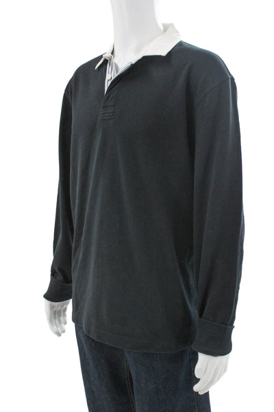 J Crew Mens Rugby Shirt Black Collared Long Sleeve Cotton Blend Size L