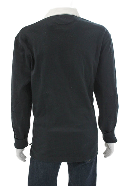 J Crew Mens Rugby Shirt Black Collared Long Sleeve Cotton Blend Size L