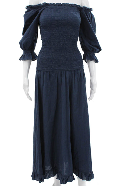 Rhode Resort Women Off Shoulder Cotton Maxi Dress Blue 3/4 Sleeve Size XS