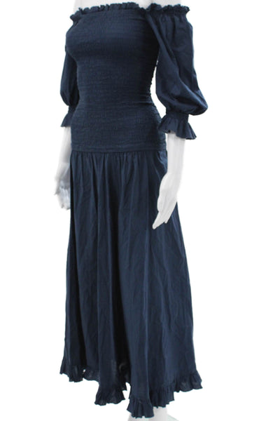 Rhode Resort Women Off Shoulder Cotton Maxi Dress Blue 3/4 Sleeve Size XS