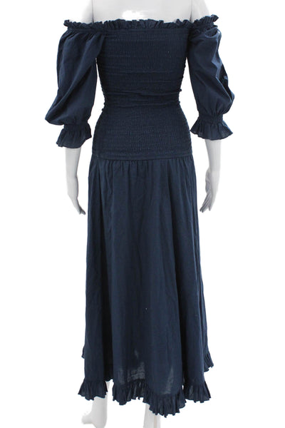 Rhode Resort Women Off Shoulder Cotton Maxi Dress Blue 3/4 Sleeve Size XS