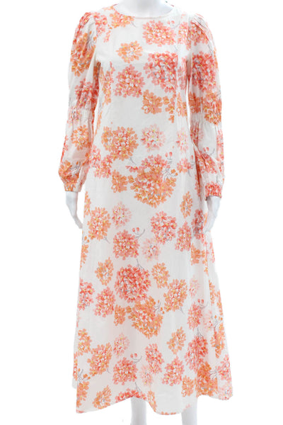 Arias Womens Maxi Dress White Floral Long Sleeve Round Neck Cotton Zip Size 0