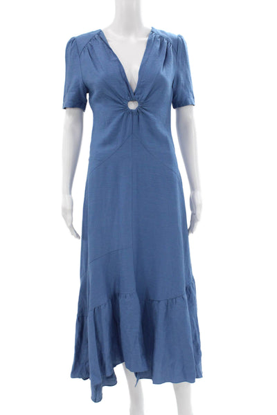 Sandro Women Blue V Neck Short Sleeve Maxi Dress Viscose Size 34