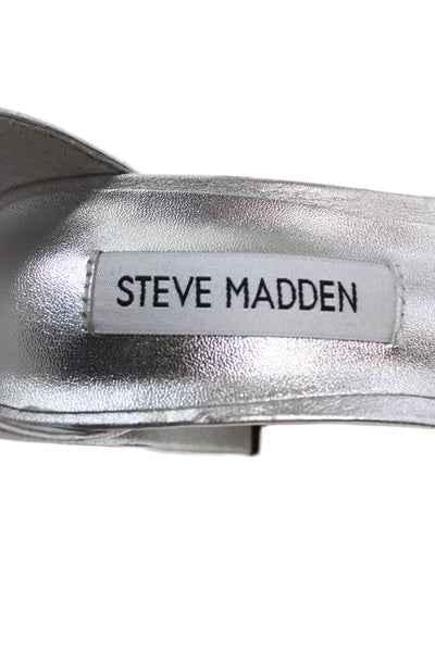 Steve Madden Womens Block Heel Metallic Ankle Strap Sandals Silver Leather 5.5