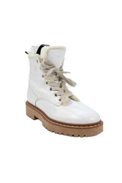 Hogan Womens Lace Up Block Heel Ankle Boots White Beige Leather Size 37
